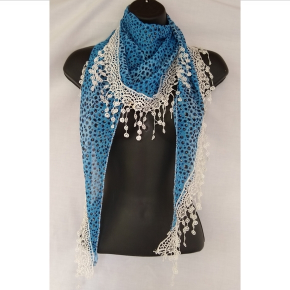 Accessories - Blue Leopard Scarf with Lace trim